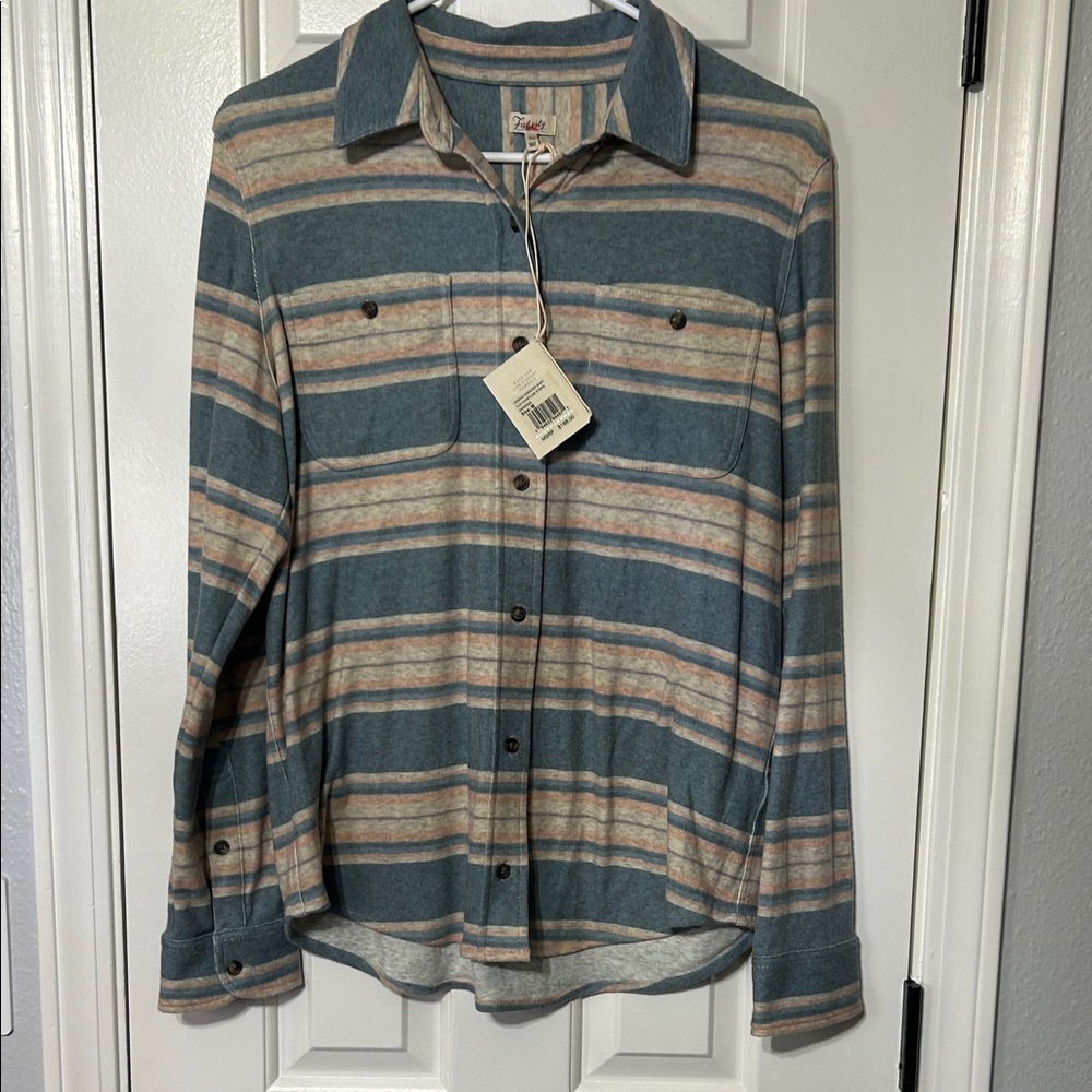 Faherty Casual Blue and Tan Striped Shirt
